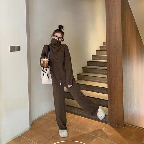 

Комплект вязаный с карманами больших размеров: Женский повседневный свободный костюм-двойка с брюками широкого кроя для осени и зимы L (60-67.5 kg)