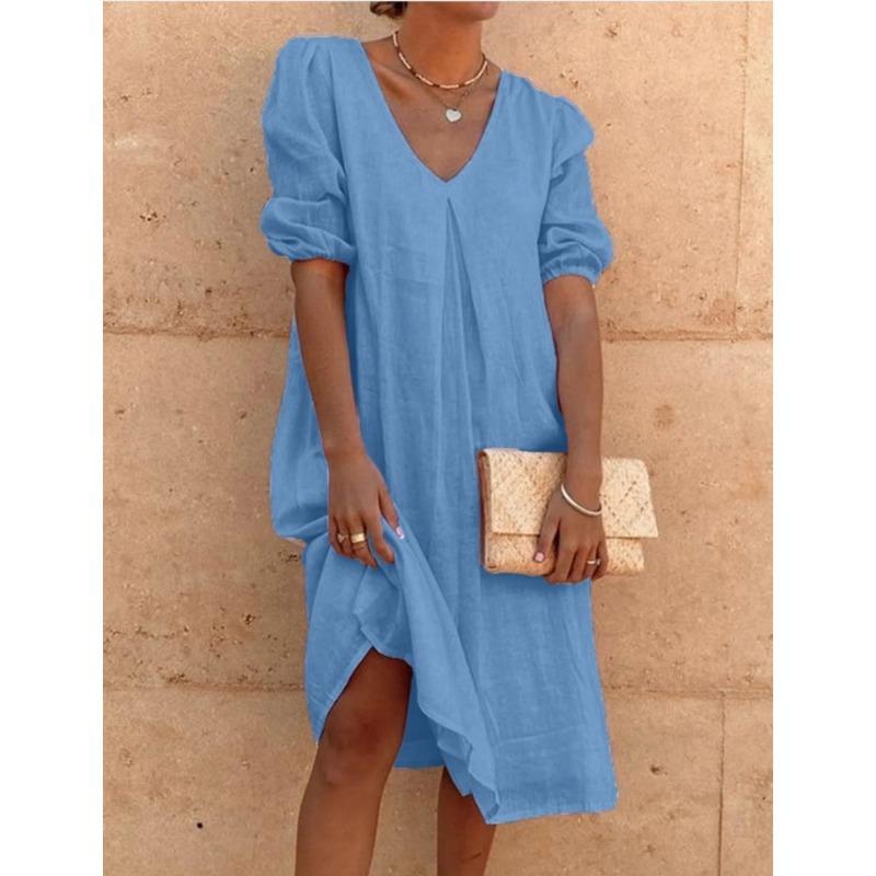 Fashion Short Sleeve V Neck Casual Loose Summer Dress Women Elegant Solid Color Simple A-line Dresses Office Ladies Plus Size Women Clothing