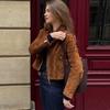 Turndown Collar Zipper Long Sleeve Brown Suede Jacket Windproof Warm Women's Retro Short Jacket Spring and Autumn