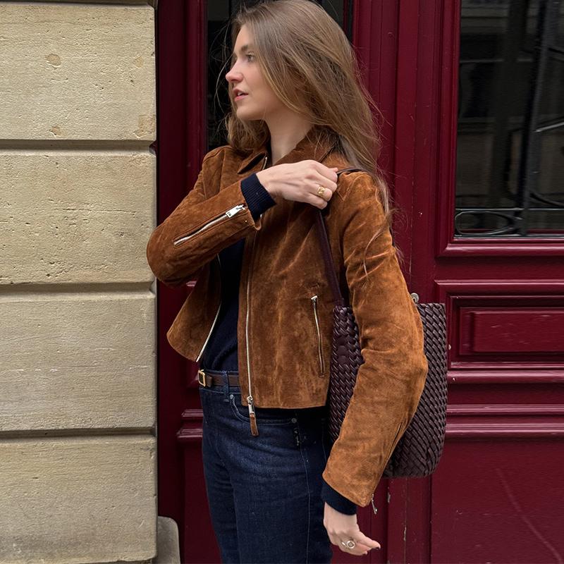 Turndown Collar Zipper Long Sleeve Brown Suede Jacket Windproof Warm Women's Retro Short Jacket Spring and Autumn