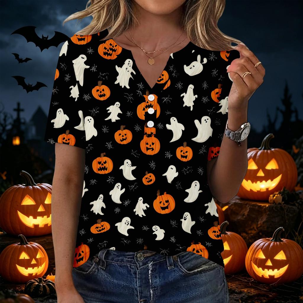 Women Halloween Print Loose Fit V Neck Short Sleeve Shirt with Pocket Casual Top for Everyday Wear