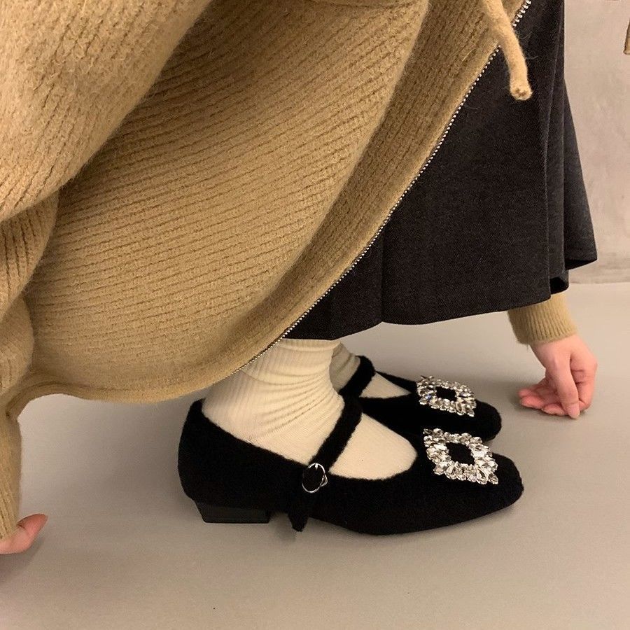 Fleece temperament Mary Jane shoes women's 2025 new French square head rhinestone woolen shoes women's winter flat shoes