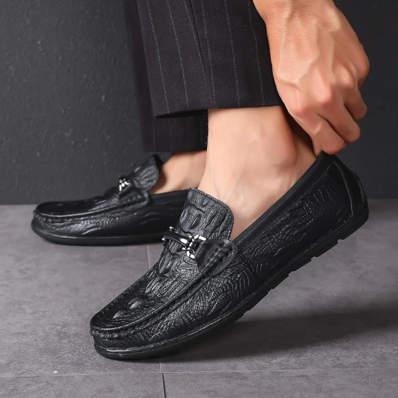 Mens Loafer Slip-On Shoes Genuine Leather Crocodile Texture Casual Flat Comfortable Round Toe Winter
