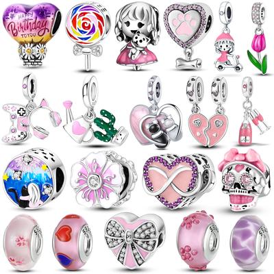 Pink Color Series Charms Beads 925 Silver Cute Girl Pink Dangle Flower Heart Shape Pendant Fit Bracelet Necklace Jewelry