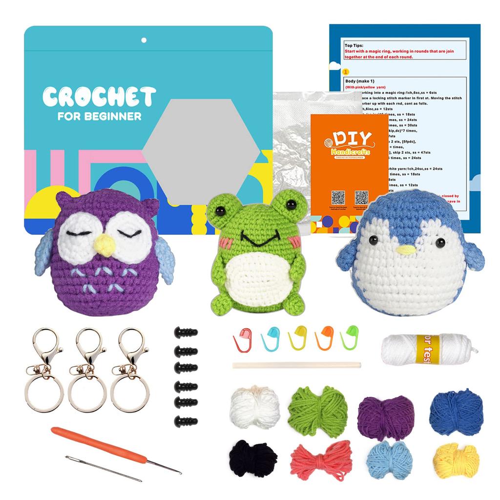 Knitting Kit for Beginners, Crochet Animal Stuffed Animal Kit, Frog, Owl, Penguin, Cute Pendant, DIY Amigurumi Art, Kids, Adults, Knitting Enthusiasts
