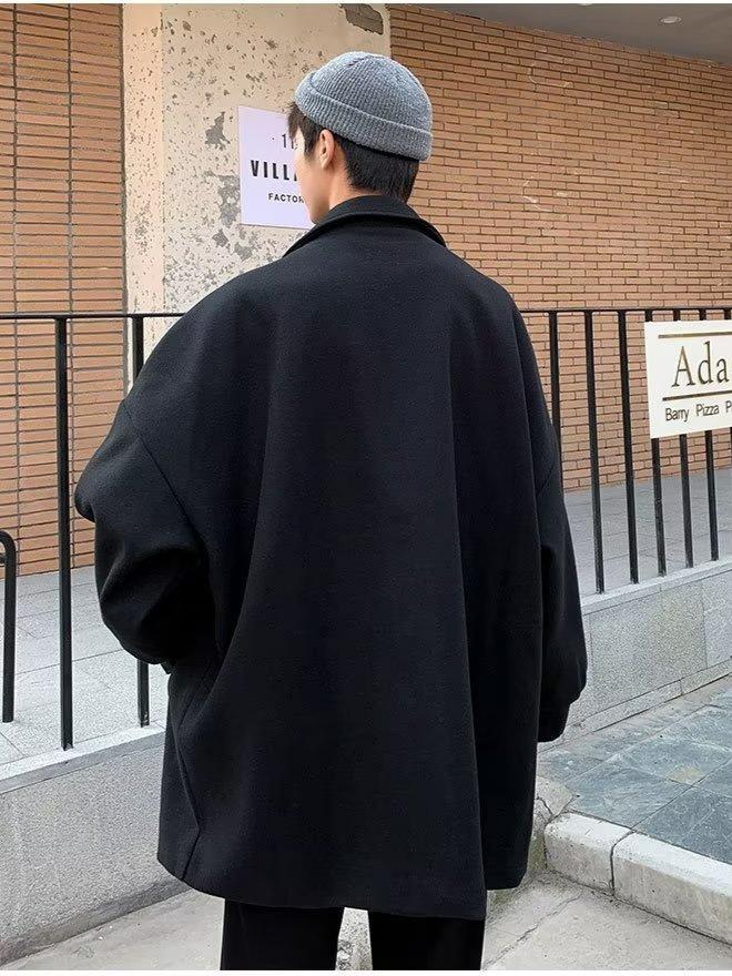 Herren Mittellanger Schwarzer Wollmantel im Koreanischen Stil – Herbst/Winter High-End Freizeitkleidung