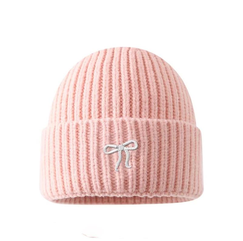 

Wool Knit Female Cold Weather Cap With Bow For Autumn And Winter Wear рожевий