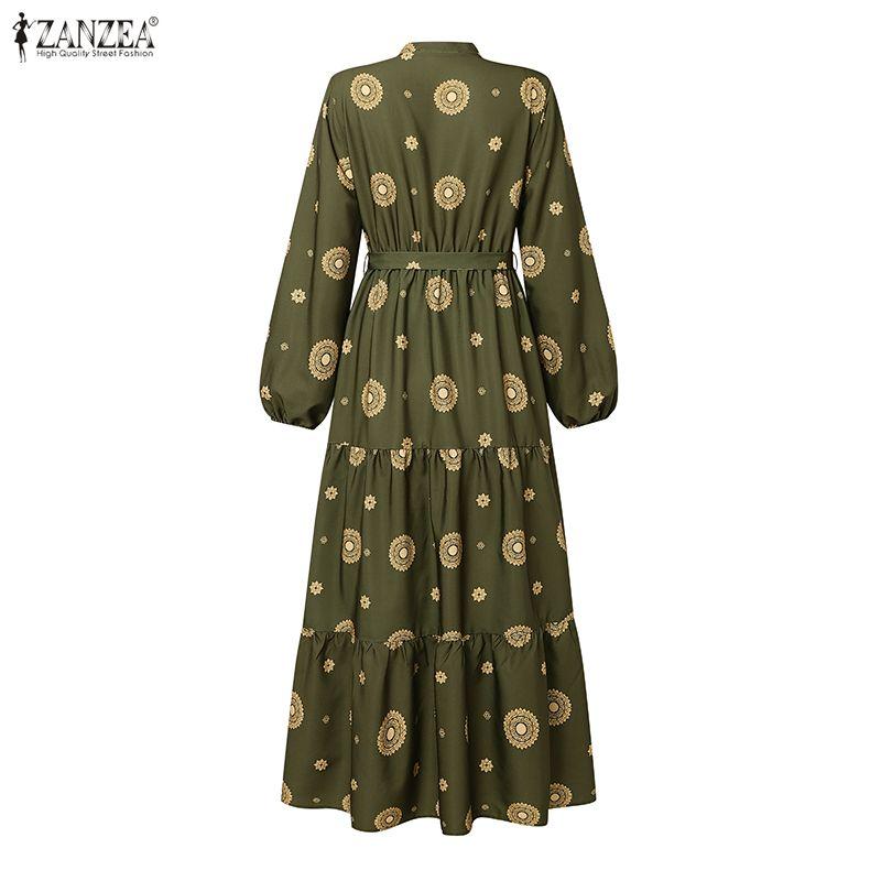 ZANZEA Women Lantern Sleeve Stand Collar Belted Waist Floral Print Pleated Hem Casual Holiday Long Dress