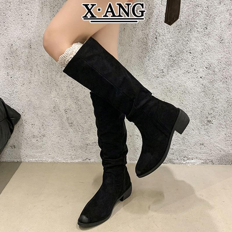 Cowhide Version But Knee High Boots Children's Long Boots Pointed Thick Heel Pleated Pile Boots Western Cowboy Knight Boots