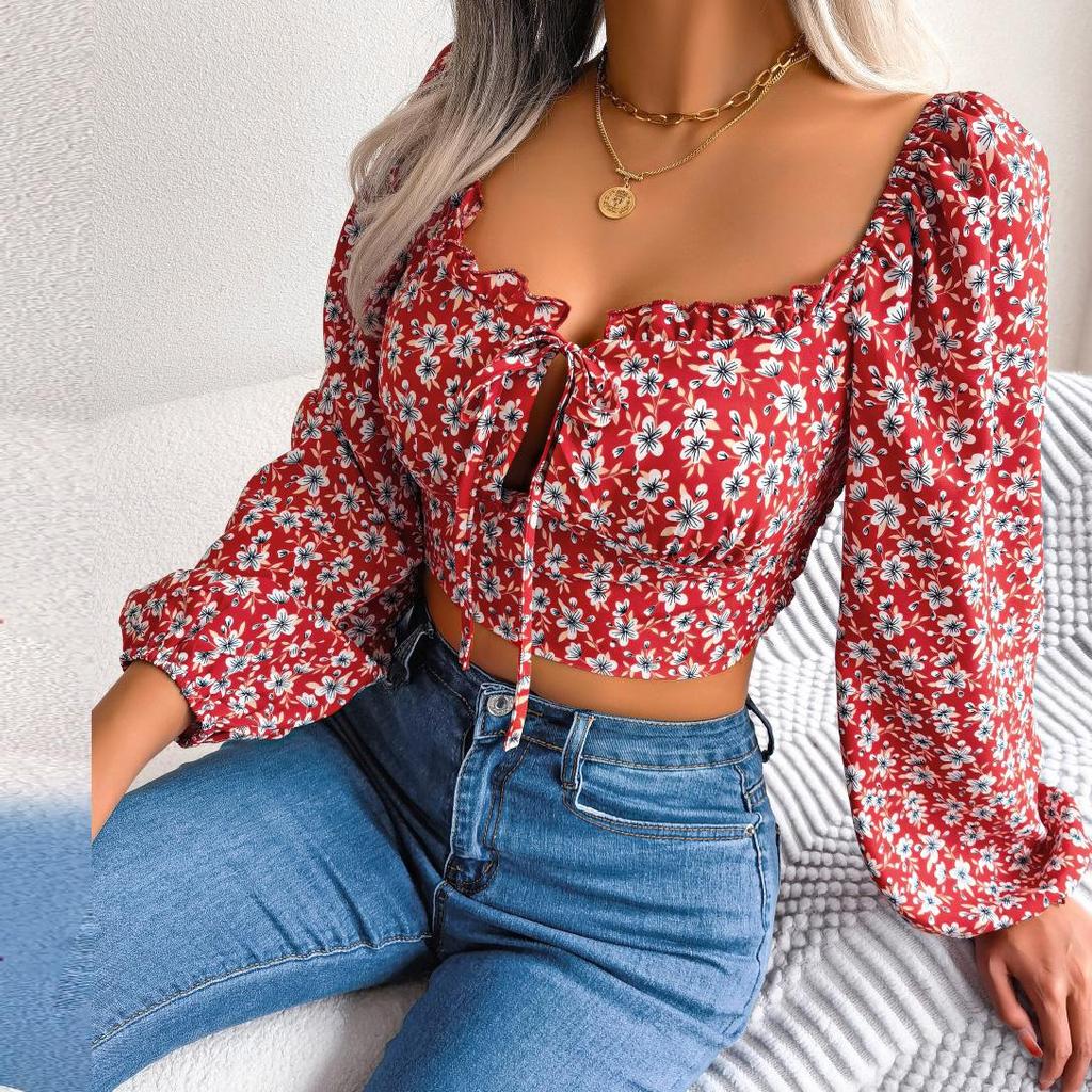 Women Floral Print Chiffon Blouse Fashion Vintage Square Collar Long Lanter Sleeve French Ins Spring Autumn Ruched Tops