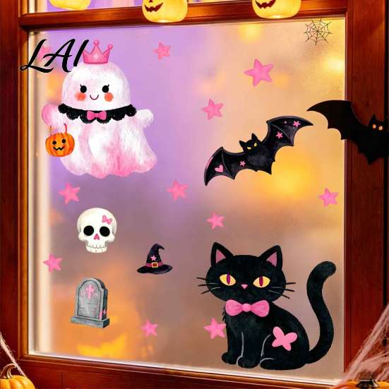 Decorative Glass Sticker 2 Sheets Halloween Cartoon Ghost Window Cling Spooky Easy Apply Clings Sticker Waterproof Static Decal for Holiday