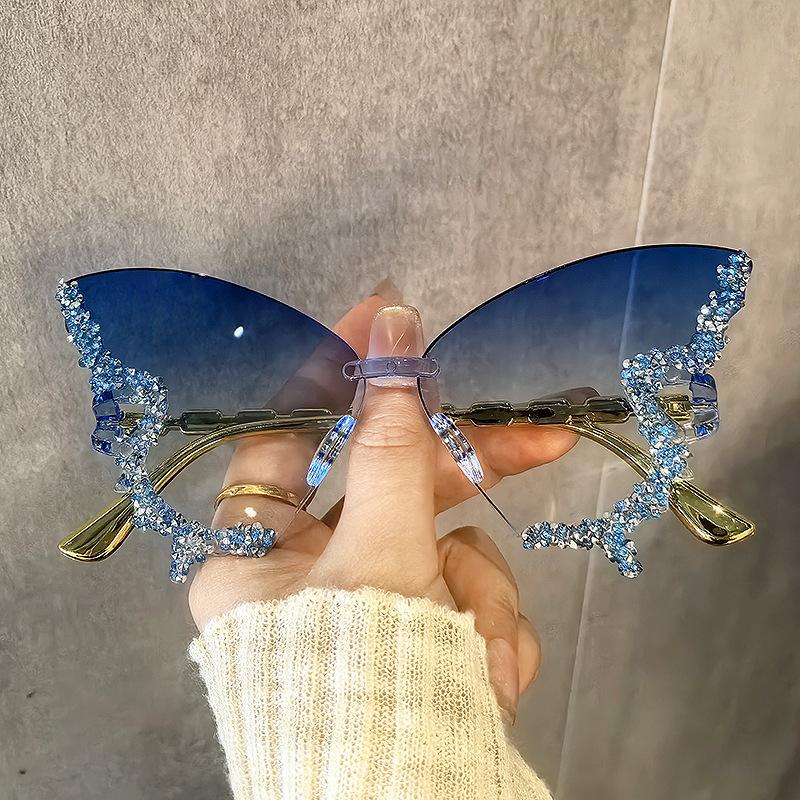 Butterfly Shaped Diamond Studded Sunglasses Frameless Sun Glasses For Women'S Parties Dances And Fashion Shows Glasses