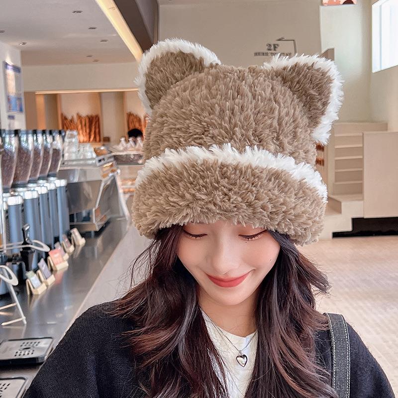 

Plush and Cute Bear Ears Hat for Women in Autumn and Winter Japanese Style Sweet Striped Contrasting Color Warm Knitted Beanie one size