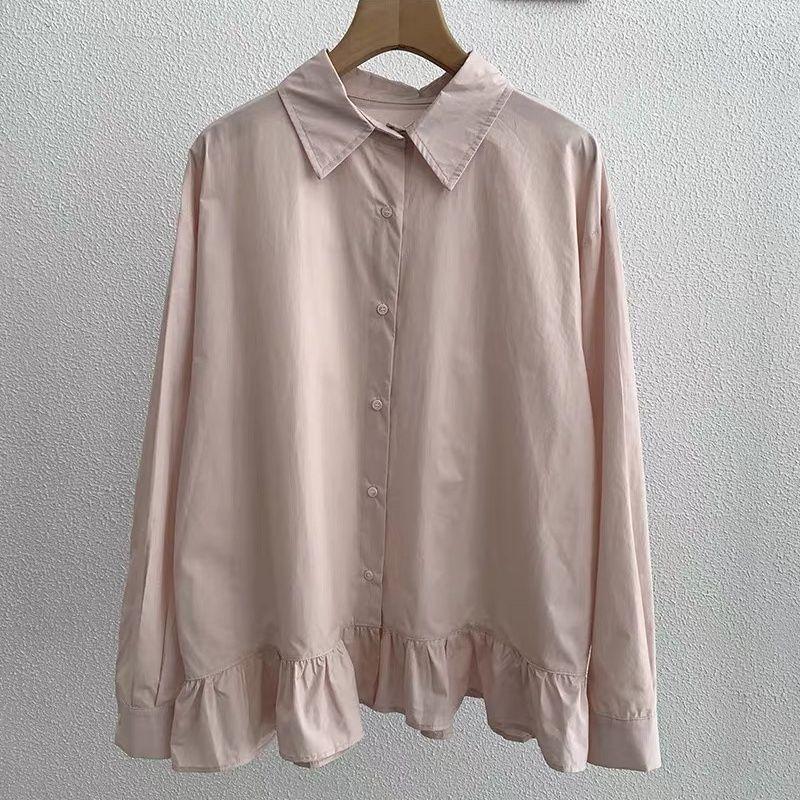 2026 Spring Stylish Loose-Fit Cotton Ruffle Patchwork Long Sleeve Doll Top for Women S розовый