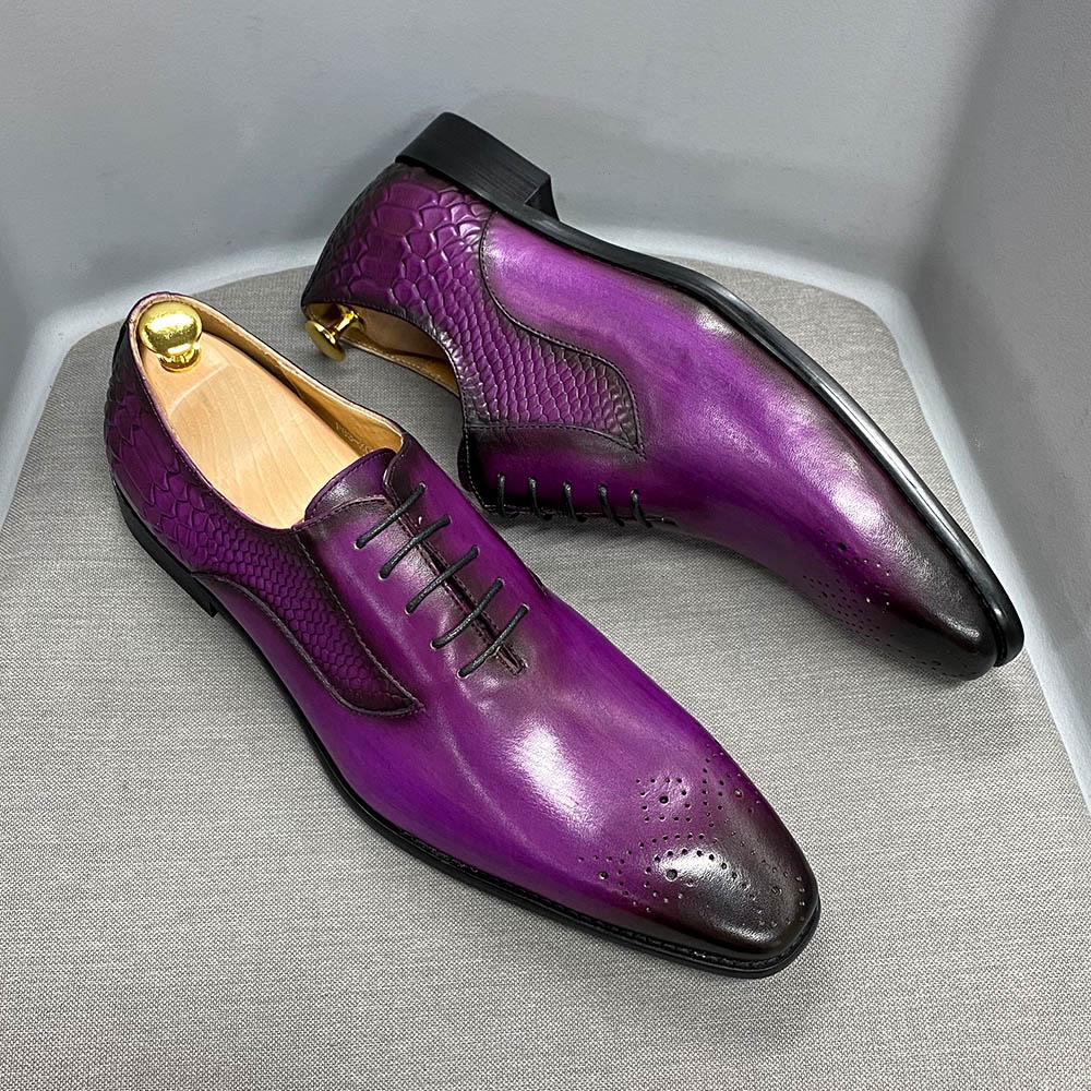Fashion Luxury Men's Oxford Shoes Fashion Snake Skin Print Lace-Up Black/Purple Dress Leather Formal Office Wedding Shoes