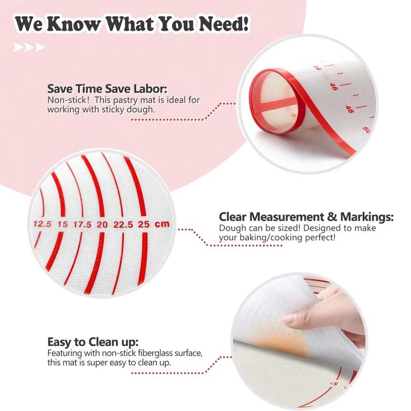 8 Size Silicone Baking Mat Reusable Nonstick Baking Sheet Thick Dough Rolling Mat with Measurements and Edge Heightening JT606