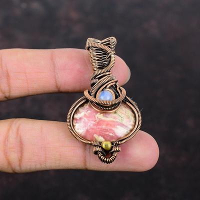 Rhodochrosit Anhänger Regenbogen Mondstein Anhänger Kupferdraht gewickelter Anhänger Einzigartiger Anhänger Kupferschmuck zum Geschenk Handgefertigter Edelsteinschmuck