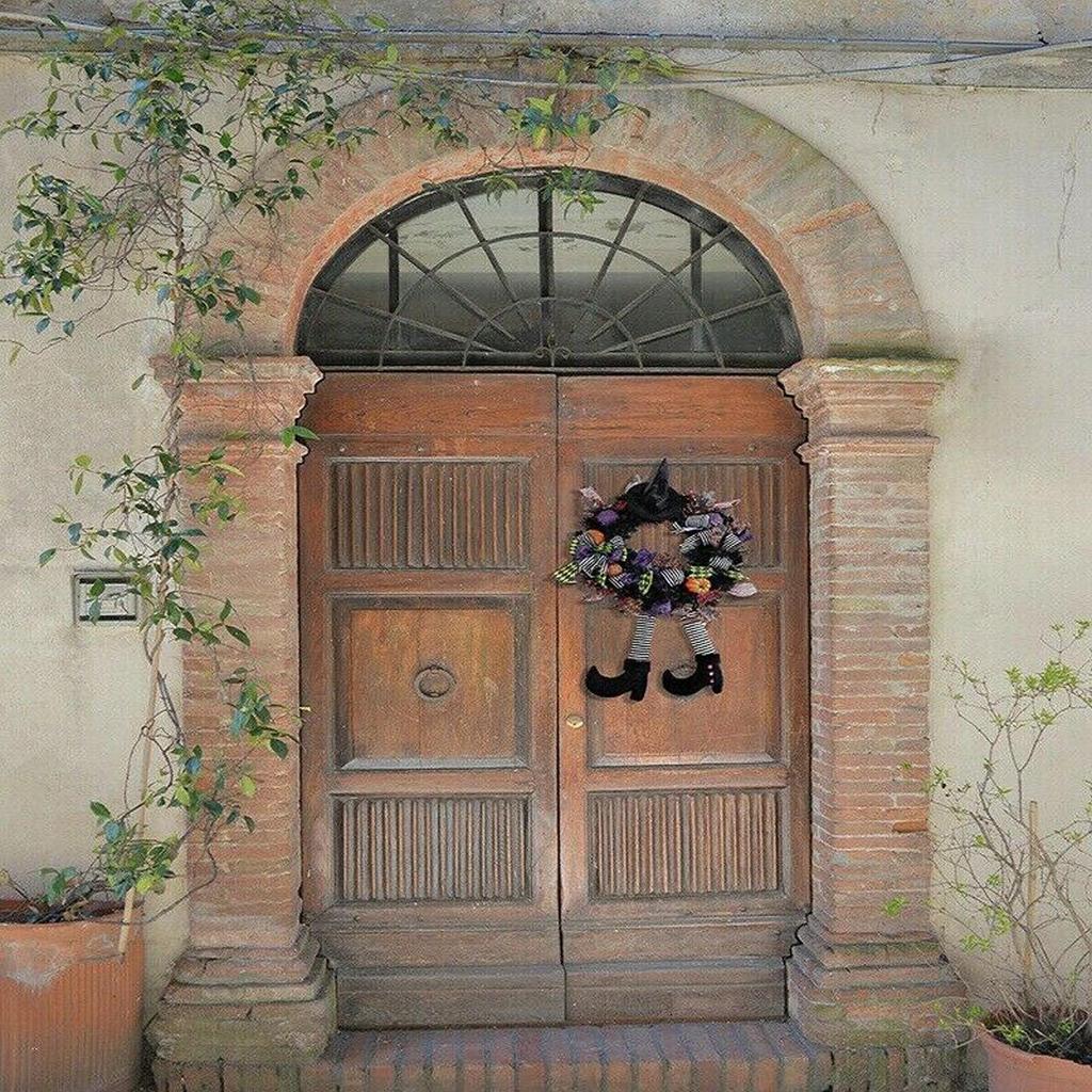 Witch Halloween Wreath with Hat Legs Pumpkin Door Wreath, Artificial Maple, Pumpkin Wreath for Halloween Decorations