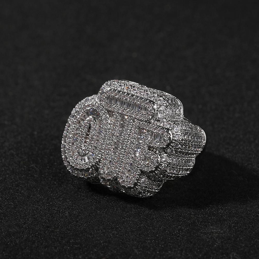 

THE BLING KING Baguettecz Letters OTF Ring Iced out Two Tone Finger Ring Cubic Zircon HipHop Ring Delicate Punk Jewelry 11 срібний