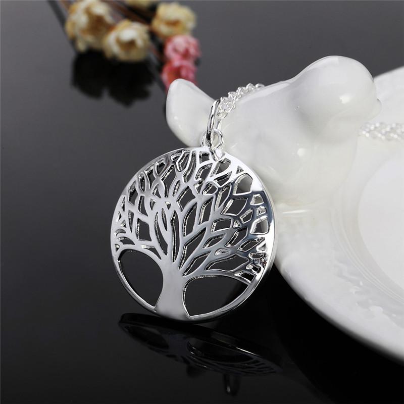 925 Sterling Silver 16inch Chain Tree Round Pendant Necklace For Woman Fashion Wedding Engagement Charm Jewelry