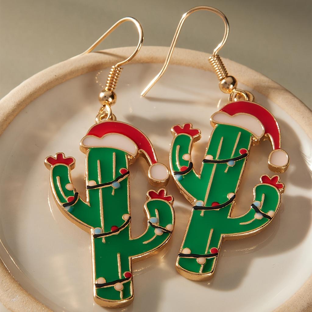Christmas Little Red Riding Hood Green Cactus Pendant Earrings Premium Versatile