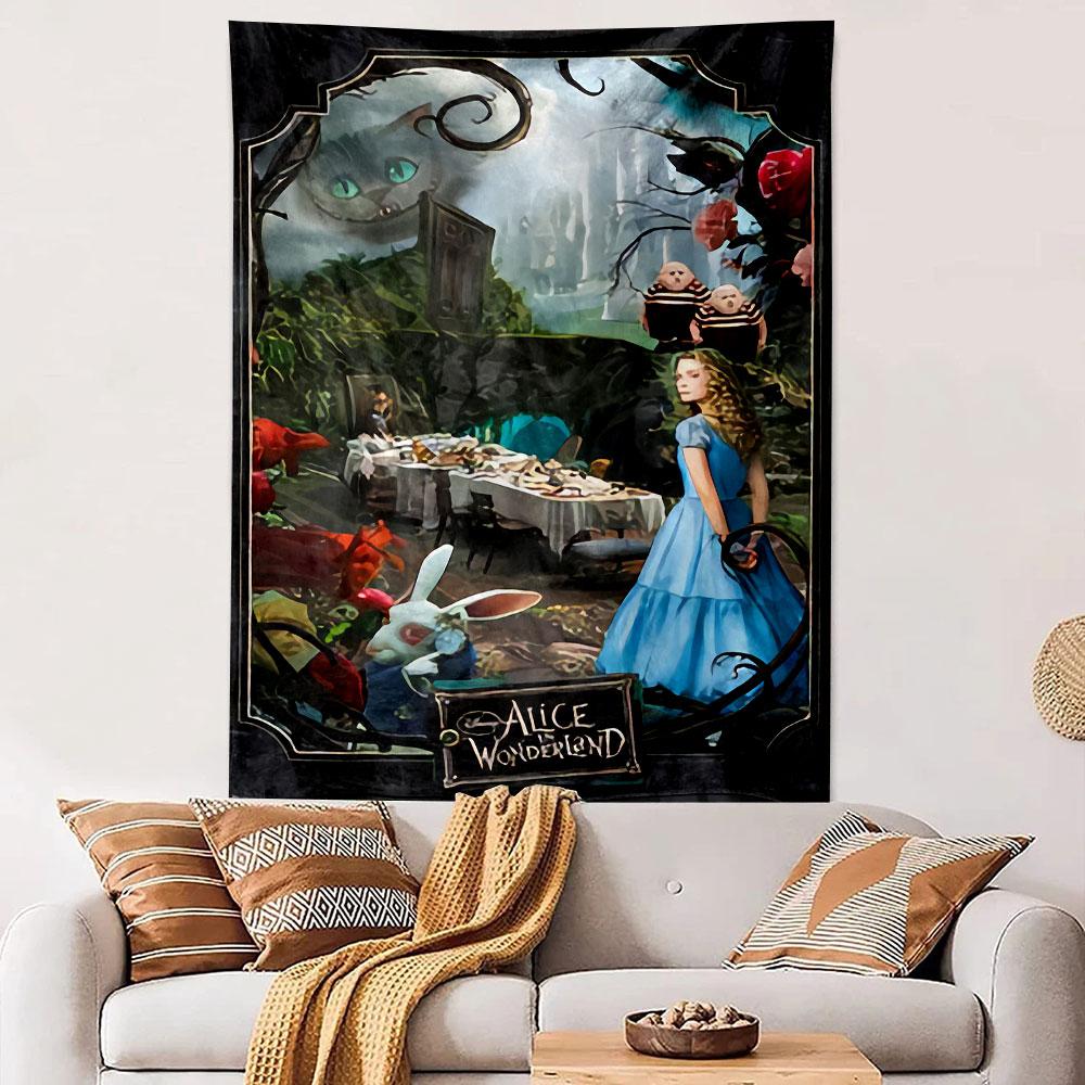 Alice in Wonderland Movie Poster Tapestry Wall Hanging, Tim Burton Fantasy Film Art, Whimsical Wall Decor for Bedroom Living Room Dorm