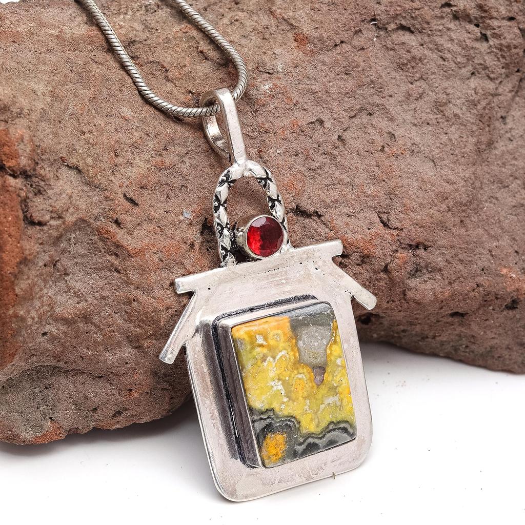 Bumble Bee Jasper London Blue Topaz Gemstone Silver Jewelry Pendant 2.5"