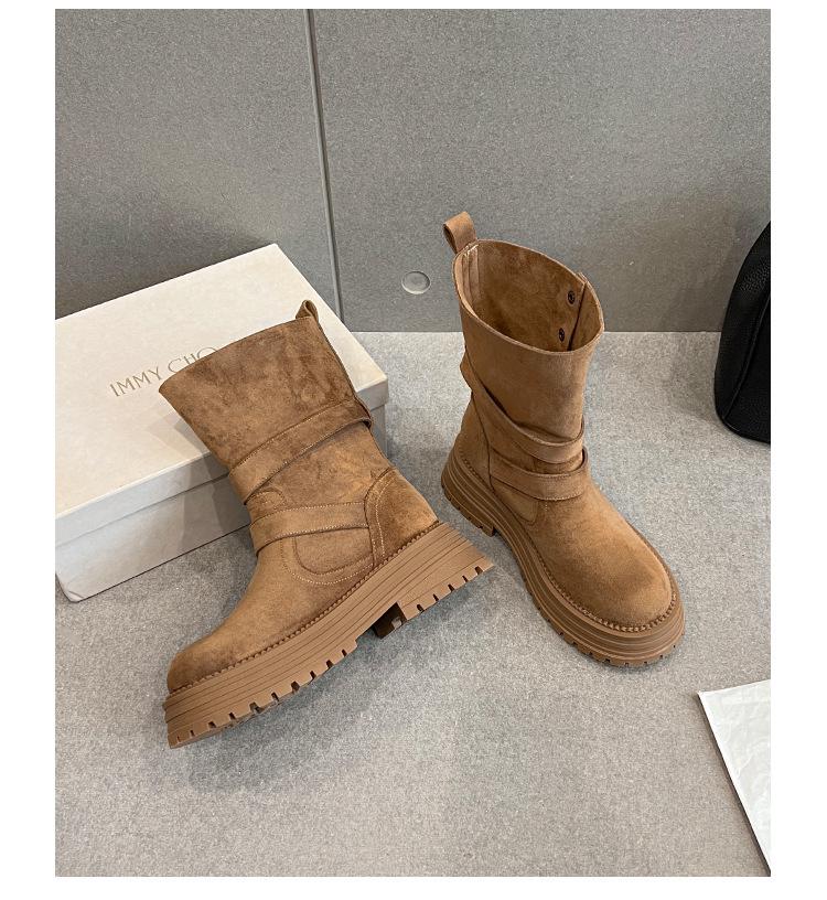 Women's Y2K Suede Ankle Cowboy Boots with Buckle Design, Thick Soles, and Round Toes.