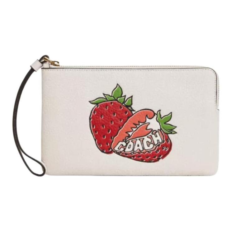 Coach Strawberry Pattern Design Pebble Leather Clutch Small Women clutch White CBB79-IMCAH Basic Set (Bag+Dust Bag)