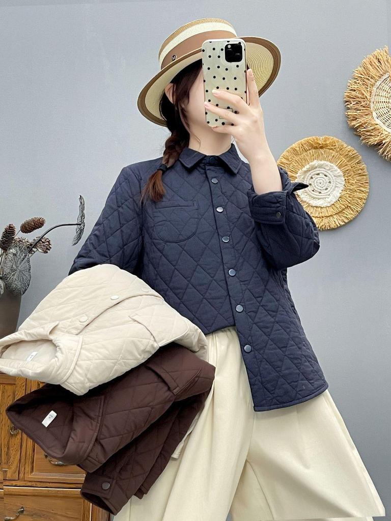 Veste chemise matelassée à motif losanges pour femme Automne/Hiver 2025 avec col pointu - Haut de base chaud décontracté