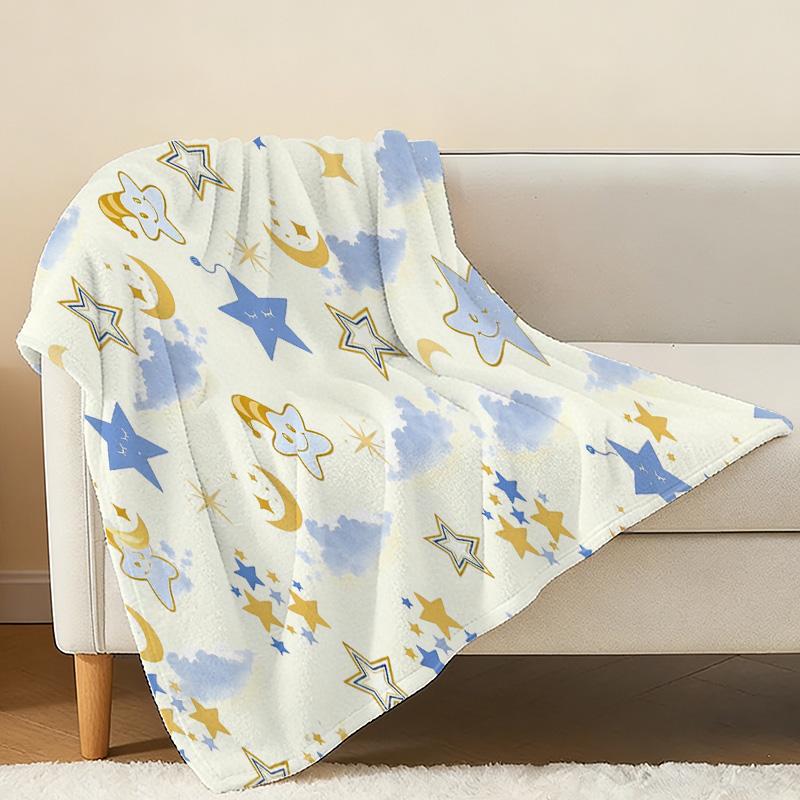 Thick Warm Flannel Blanket, Cartoon Stars & Moon Pattern, Soft Cozy for Home, Guest Room, Christmas & Halloween Use & Decor