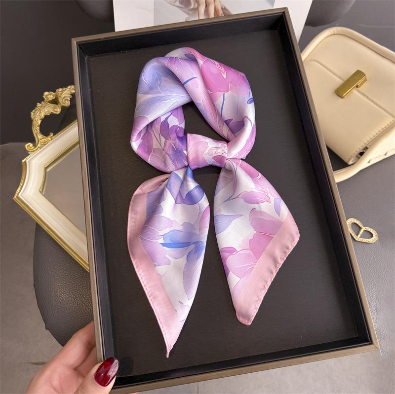 2026 New Floral Print Silk Square Scarfs for Women Decorate Neck Ties Kerchief Lady Summer Beach Hijab Female Neckerchief Wraps