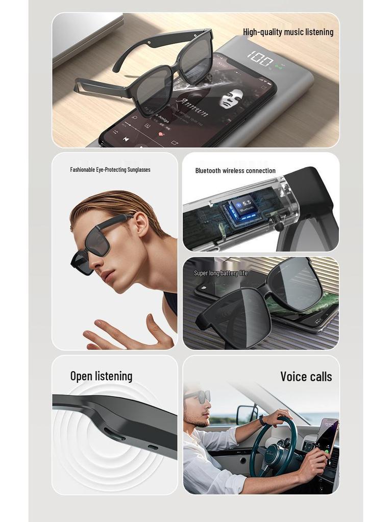 Ochelari Bluetooth Inteligenti AI: Căști wireless cu traducere în timp real în peste 100 de limbi, redare muzică și funcționalitate de apelare.