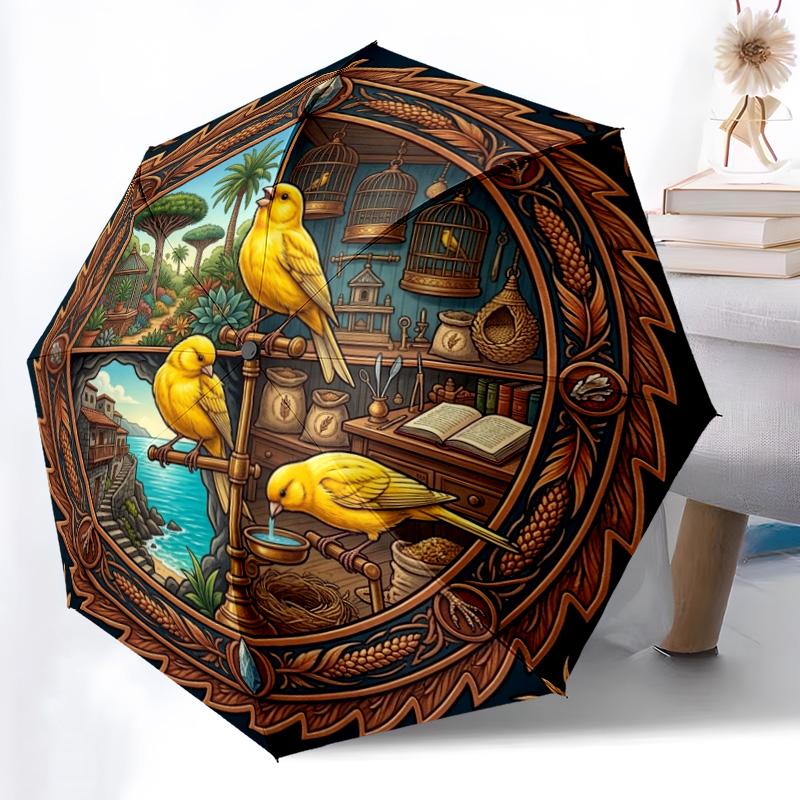 Golden Birds Ornate Frame pattern umbrella, portable and foldable design, 8 ribs, a casual accessory for Halloween, Christmas, and birthday gifts.