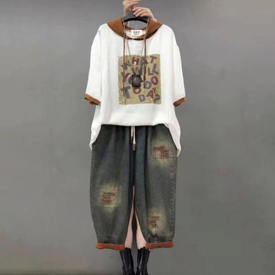 Set Casual Personalizzato Moda con Cappuccio Largo Stampa Manica Corta Pantaloni a Nove Punti Set Due Pezzi Donna