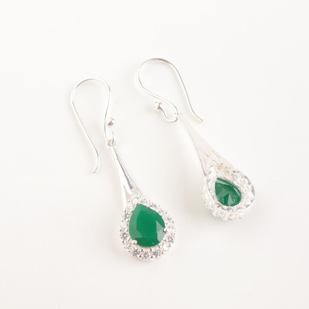 Natural Green Onyx Gemstone 925 Sterling Silver Jewelry Zircon Earrings 1.86" CZE-7-18