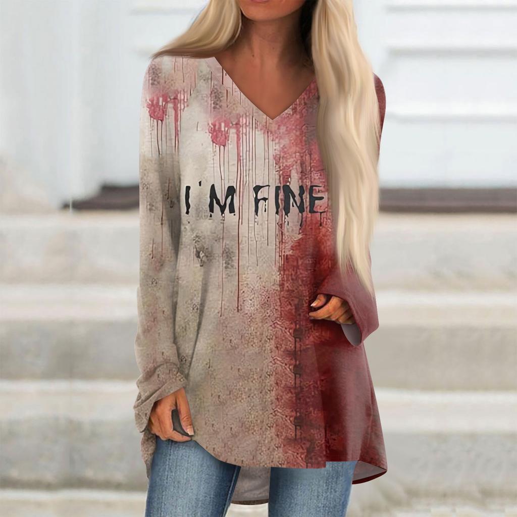 Ladies' Fashionable And Casual Halloween Printed T-shirt Long Sleeved V-neck Mid Length Top