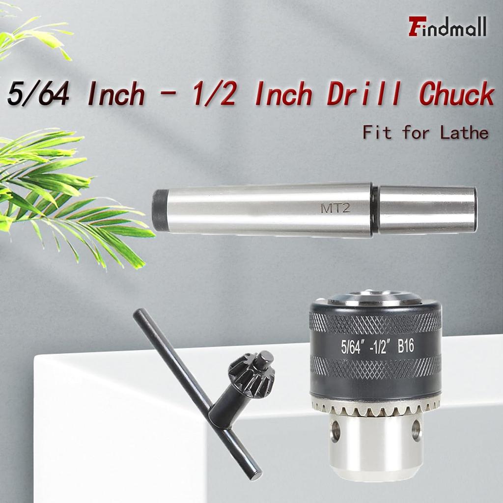 findmall 5/64 Inch - 1/2 Inch Mini Metal Lathe Tail Stock Drill Chuck Tool With MT2 Arbor Fit for CNC Lathe Milling Drill Machine