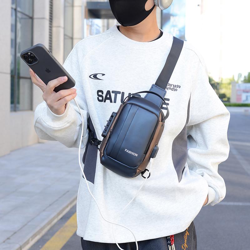 Water-Repellent Chest Bag Men's Crossbody Bag Mobile Phone Bag Commuter Combination Lock Shoulder Bag