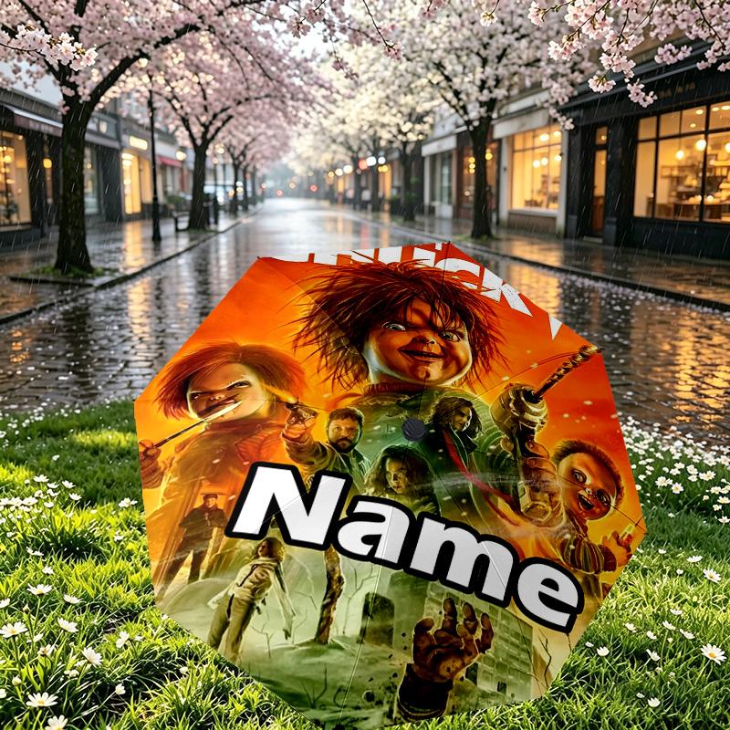 Custom Name Personalized Bride of Chucky Print Umbrella, Auto Open Close, 8‑Rib Sturdy Frame, Commute Camping Hiking Use, Birthday Gift