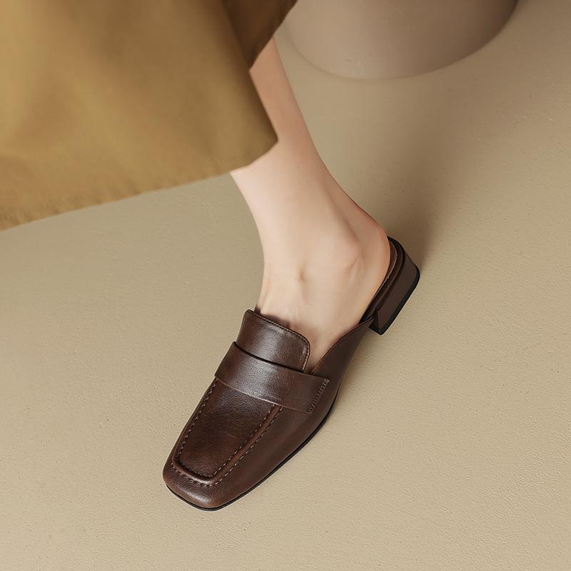 Fashion 2025 Summer Women Mules Split Leather Shoes for Women Square Toe Low Heel Shoes Cover Toe Slip-on Women Sandals Retro Slippers