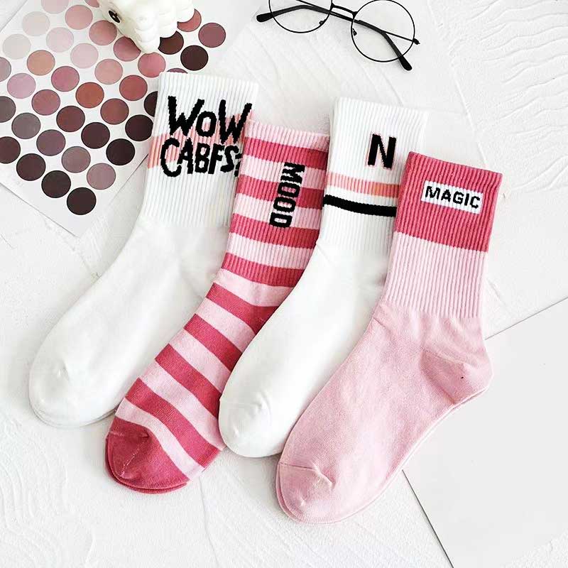 

Женские спортивные носки, розовые забавные носки в консервативном стиле Y2K, полосатые носки для девочек, белые забавные носки с принтом, Harajuku, 4 пары One Size