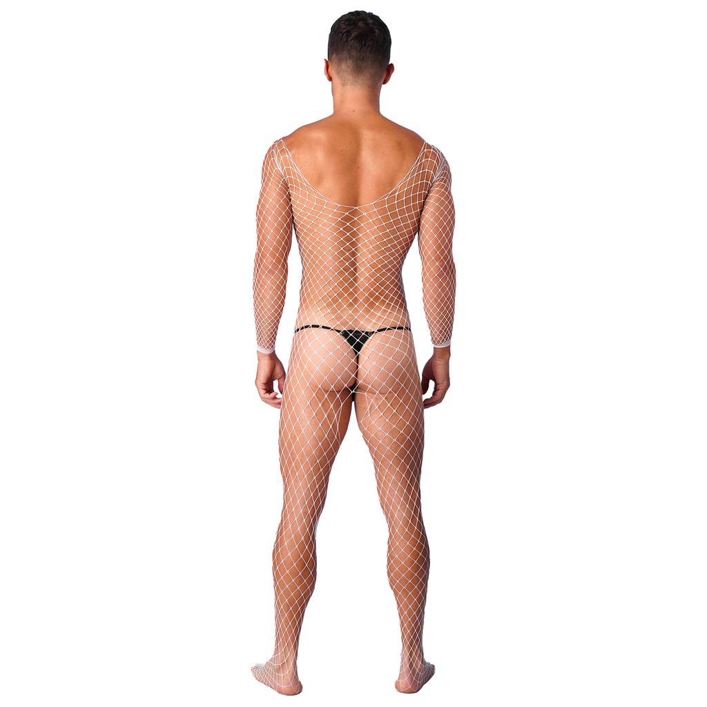 Mens Sheer Fishnet Bodysuit V Neck Long Sleeve Mesh Lingerie Sleepwear