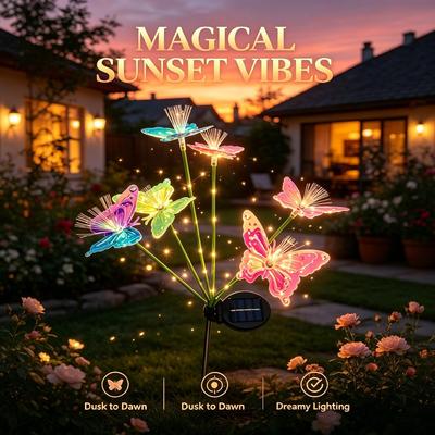 2PCs Colorful Multi-Head Solar Butterfly Stake Lights 2 Modes Waterproof Outdoor Garden Pathway Landscape Decor Lamp