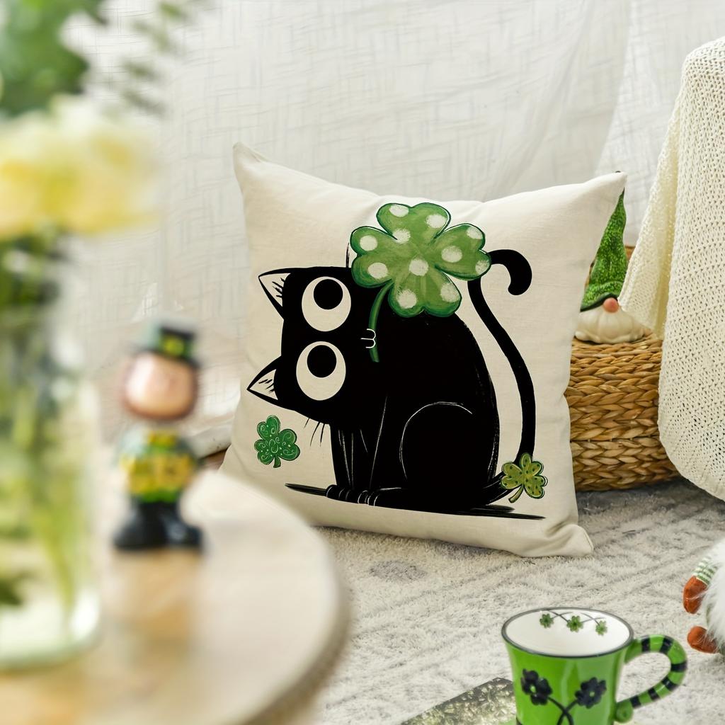 4Pcs, St Patricks Day Lucky Clover Black Cat Throw Pillow Cover, Shamrock Cushion Case Decoration For Sofa Couch
