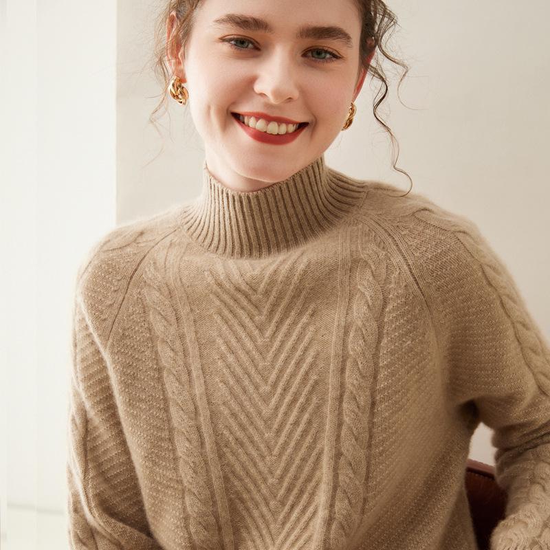 Women's Thickened Cashmere Sweater - Autumn/Winter, Half-High Neck, Twist Pattern Pullover, Casual Fashion.