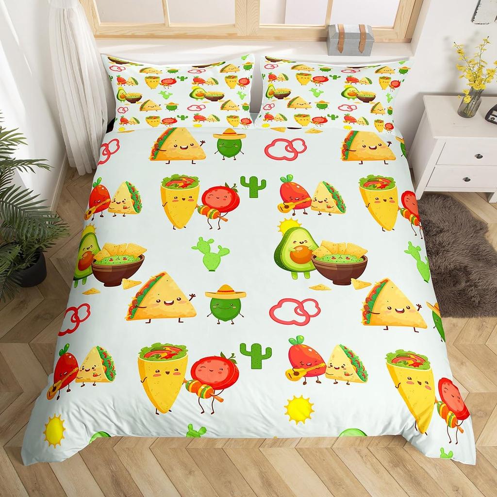 Funny Food Duvet Cover Mexican Taco Bedding Set Twin,Avocado Pepper Realistic Food Design Quilt Cover Easter Gift Party Decor