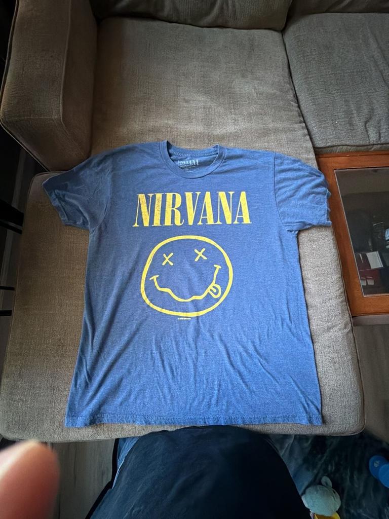 T-shirt Graphique Nirvana Visage Souriant Classique Bleu Chiné Taille L