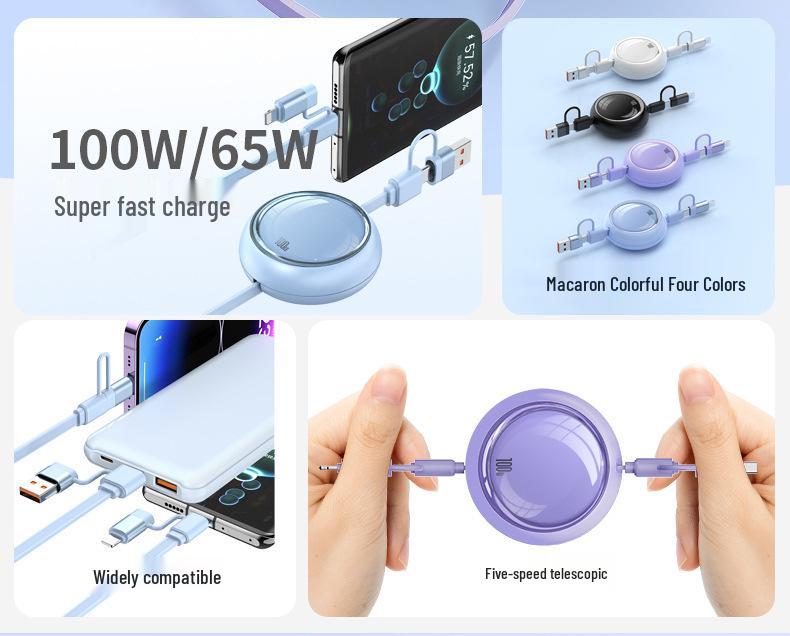 4-in-1 100W Retractable Fast Charging Cable, Compatible with Apple & Huawei.