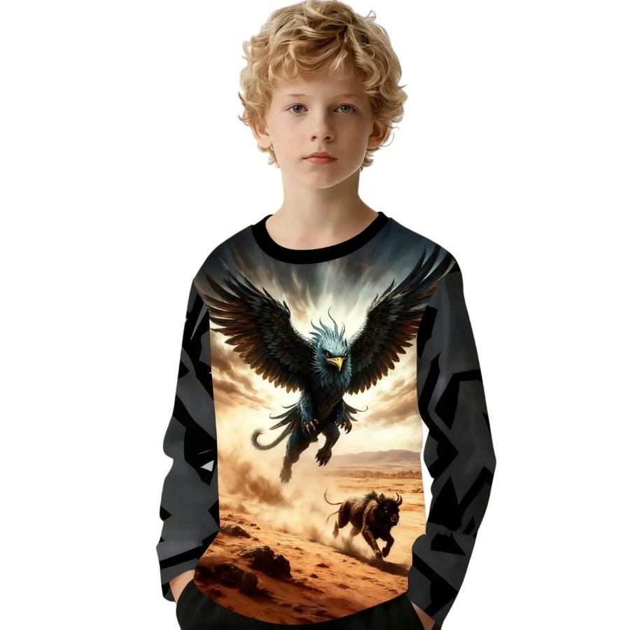 Tricou Băiat Imprimeu Clasic Fashion cu Model Munți și Mări Guler Rotund Larg Mânecă Lungă Haine Toamnă Casual Outdoor Top